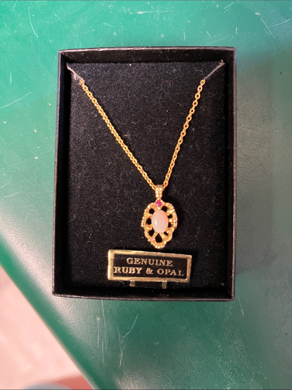 Source Unknown Gold-Tone Opal and Ruby Pendant Necklace
